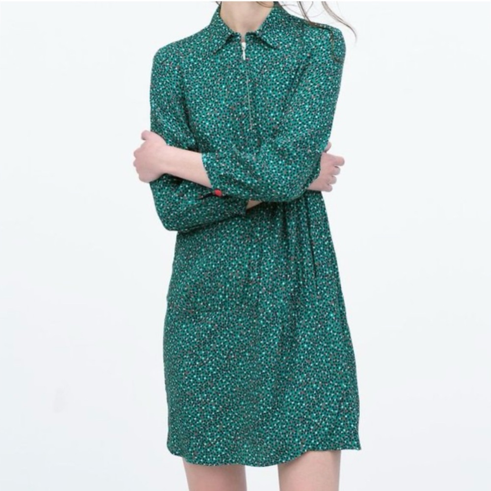 Zara Polka Dot Zip Front Tunic Dress Long Sleeve Green Women's